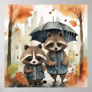 Poster Raton laveurs mignons sous la pluie