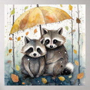Poster Raton laveurs mignons sous la pluie