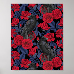 Poster Ravages et roses avec des feuilles bleu foncé