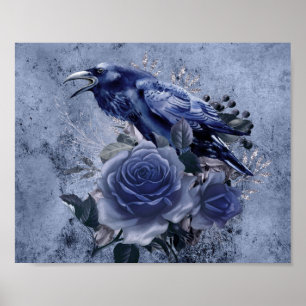 Poster Raven Bird Blue Rose Whimsical Decoupage Imprimer