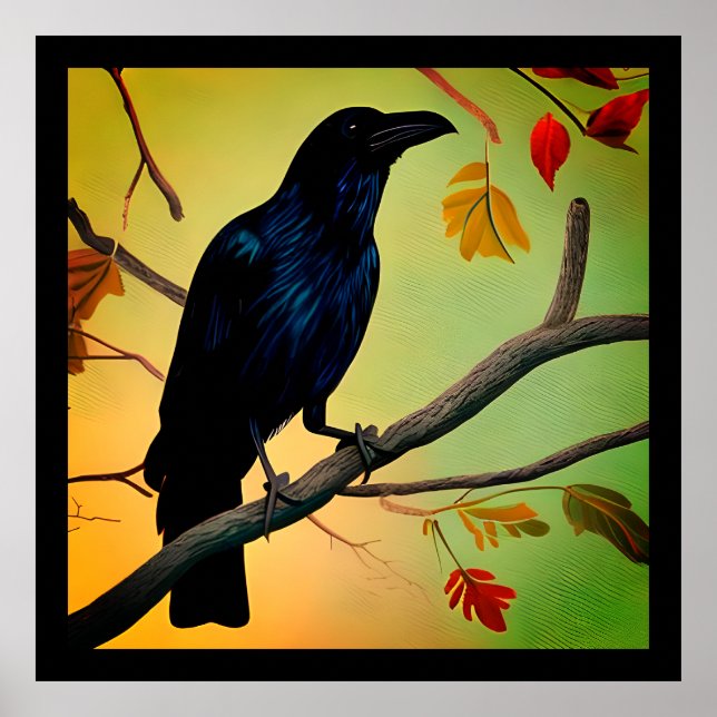 Poster Raven De Plaisir Entouré Sur Branche (Devant)