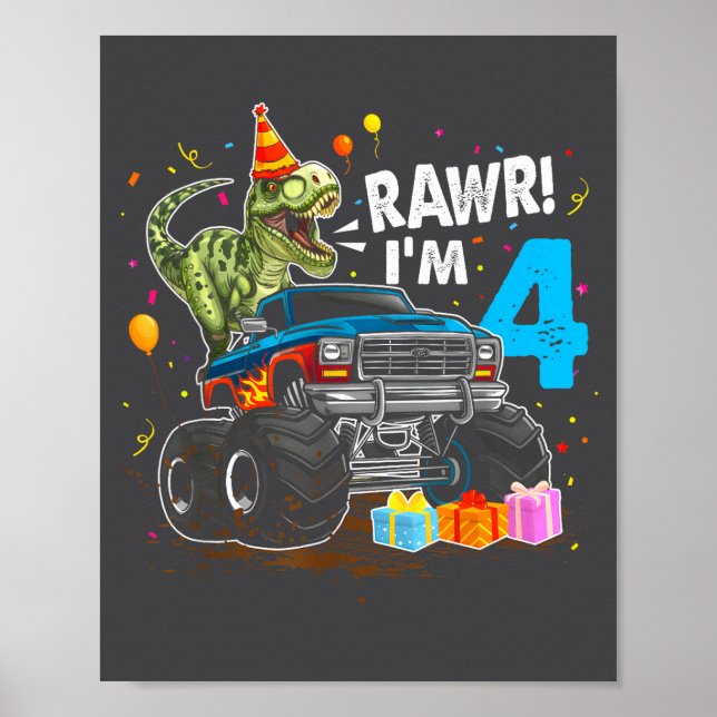 Poster Rawr I'm 4 4th Birthday T Rex Dinosaur Funny Party (Devant)