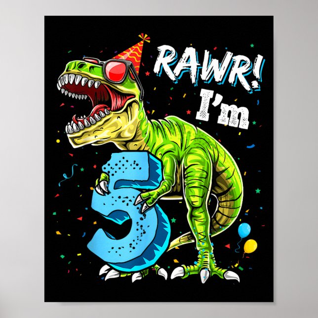 Poster Rawr I'm 5 5th Birthday T Rex Dinosaur Funny Party (Devant)