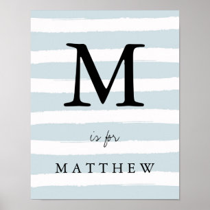 Poster Rayures d'aquarelle bleu moderne avec Monogramme n