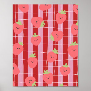 Poster Rayures roses et rouges, avec des fraises