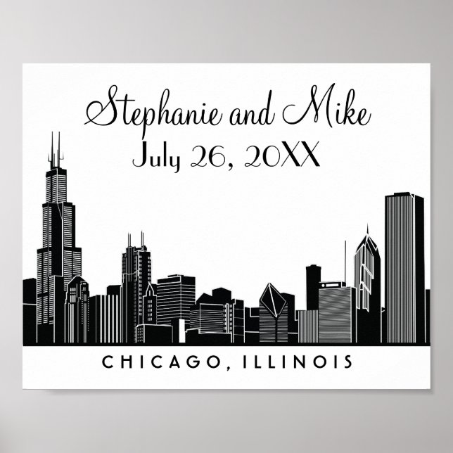 Poster Réception de mariage noir de Chicago Skyline (Devant)