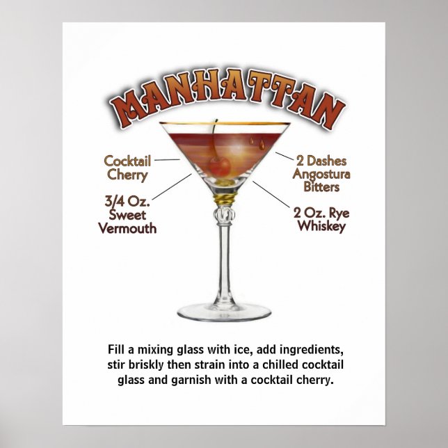 Poster Recette de cocktail Manhattan Art 16"x20" Imprimer (Devant)