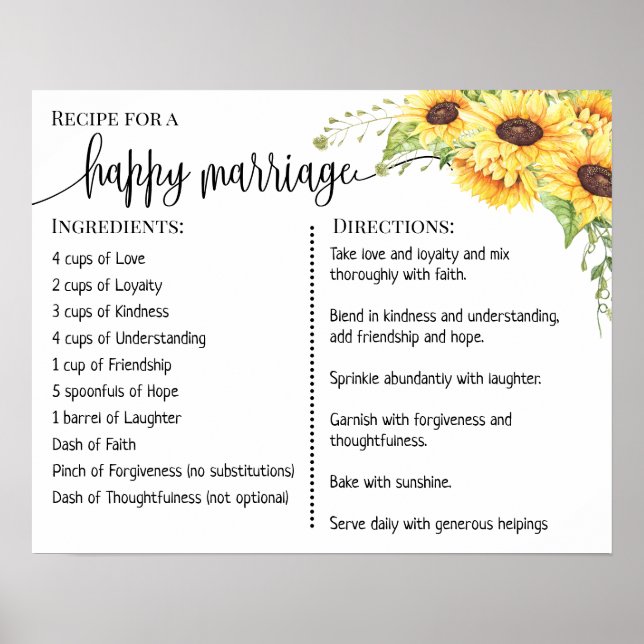 Poster Recette pour un mariage heureux jeunes mariés tour (Devant)