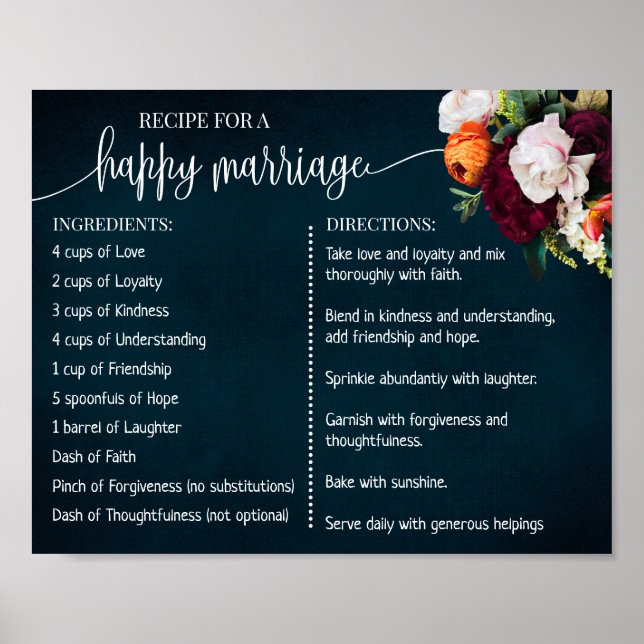 Poster Recette pour un mariage heureux jeunes mariés Vin  (Devant)