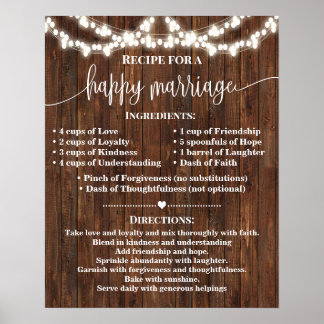 Poster Recette pour un mariage heureux Mariage cadeau pay