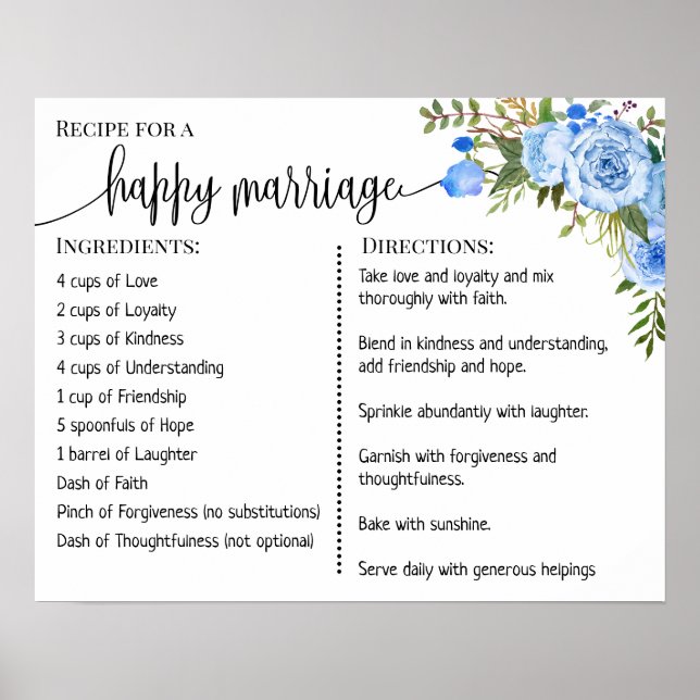 Poster Recette pour un mariage heureux signe cadeau maria (Devant)