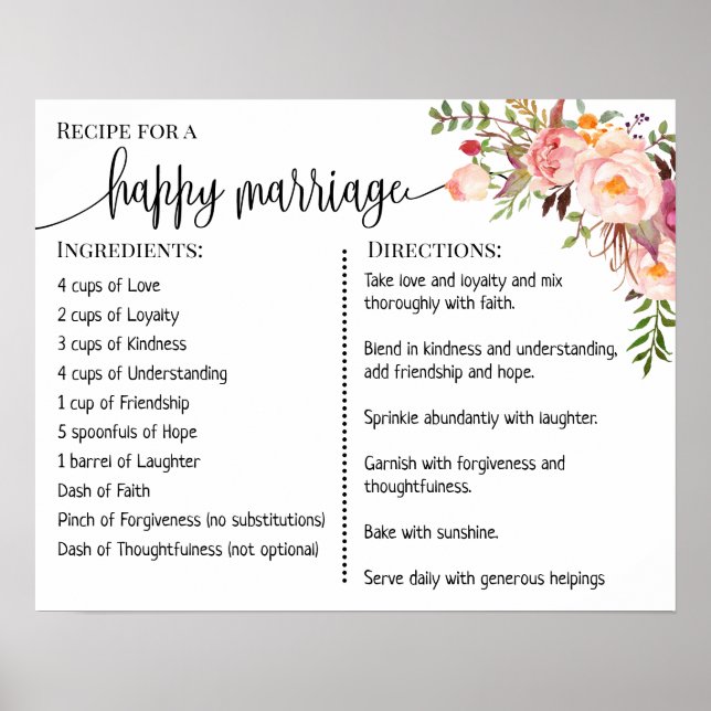 Poster Recette pour un mariage heureux signe mariage cade (Devant)
