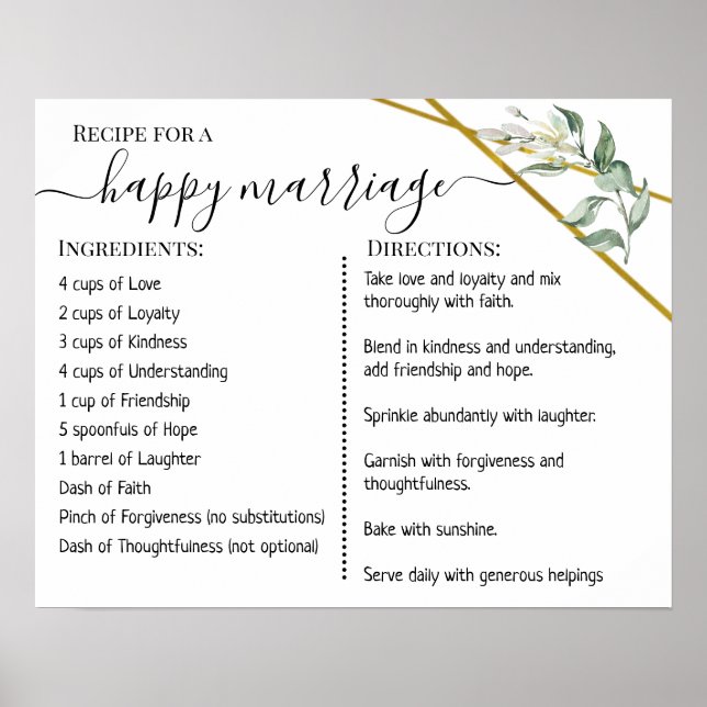Poster Recette pour un mariage heureux verdure dorée jeun (Devant)