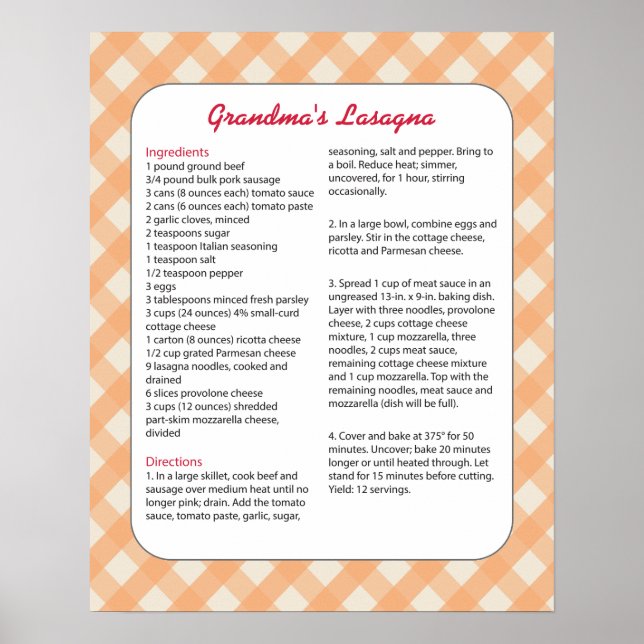 Poster Recette préférée de la famille Retro - Lasagna (Devant)