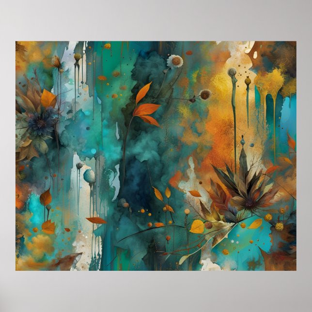 Poster Récolte d'automne Turquoise rouille or Abstrait (Devant)