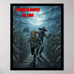 Poster Récolte de maïs effrayant de fermier zombie avec s
