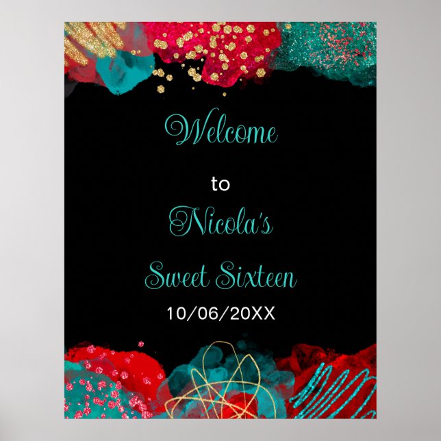 Poster Red Alcohol Ink Sweet 16 Birthday Party Welcome (Devant)