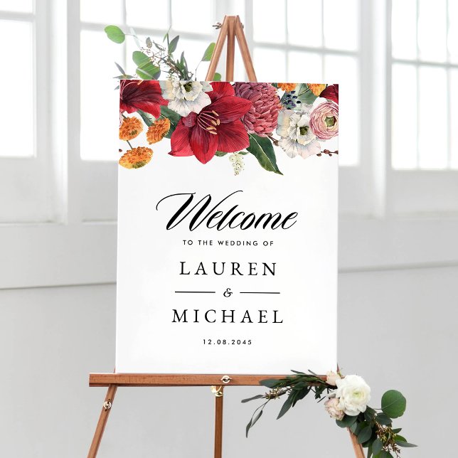 Poster Red Amaryllis Botanical Winter Wedding Welcome (Créateur téléchargé)
