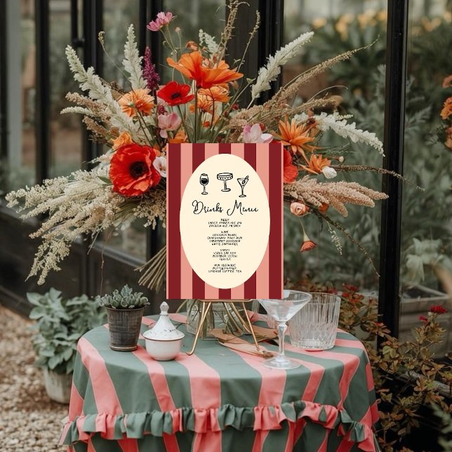 Poster Red and Blush Striped “Drinks Menu” Wedding (Créateur téléchargé)