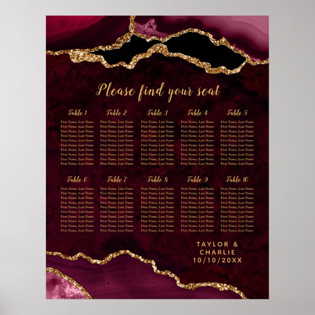 Poster Red and Gold Agate Wedding Seating Chart (Devant)
