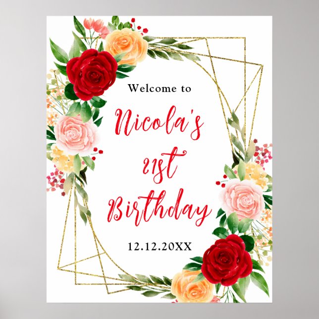 Poster Red and Orange Roses Birthday Welcome (Devant)