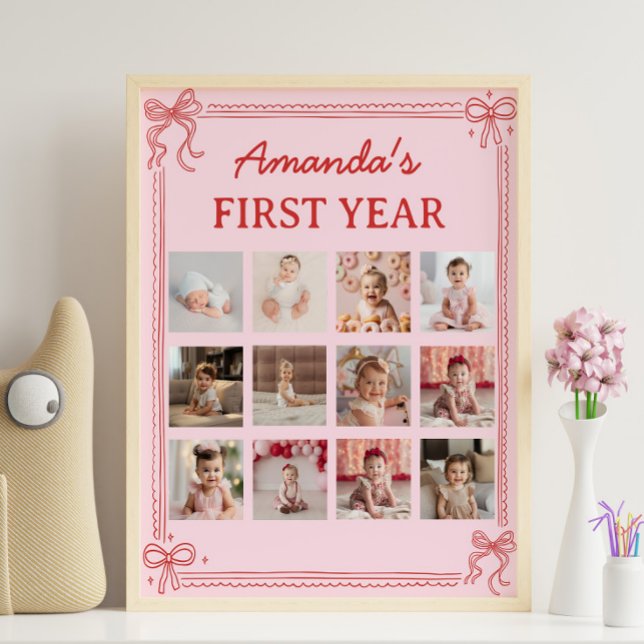 Poster Red and Pink Bow Cake Birthday Photo Milestone (Créateur téléchargé)