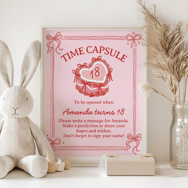 Poster Red and Pink Bow Cake Birthday Time Capsule Sign (Créateur téléchargé)