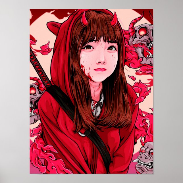 Poster Red Anime Demon Slayer Girl (Devant)
