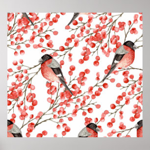 Poster Red Berries Bullfinches Motif aquarelle