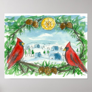 Poster Red Cardinal Birds Winter Snow Village Peinture