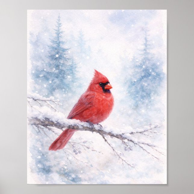 Poster Red Cardinal Winter Watercolor Art Print  (Devant)