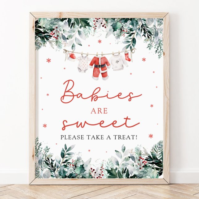 Poster Red Christmas Père Noël Babies Are Sweet Take a Tr (Watercolor Red Christmas Santa Babies Are Sweet Take a Treat Sign)