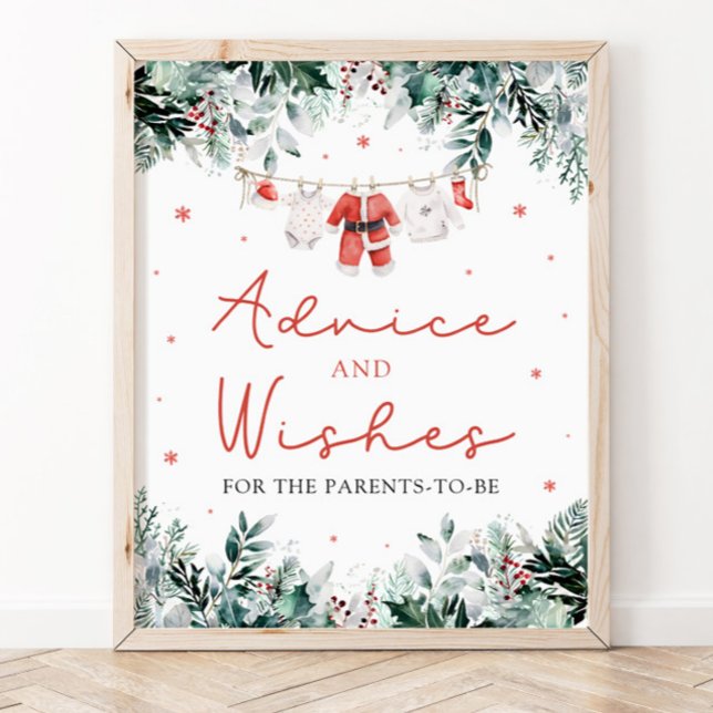 Poster Red Christmas Père Noël Baby shower Conseils et so (Watercolor Cute Red Christmas Santa Baby Shower Advice and Wishes Sign)