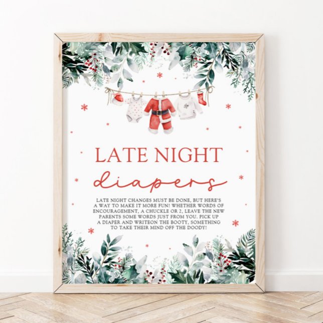 Poster Red Christmas Père Noël Baby shower Late Night Dia (Watercolor Red Christmas Santa Baby Shower Late Night Diapers Sign)
