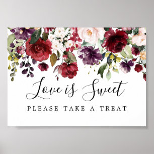 Poster Red Floral Love is Sweet Mariage Dessert Bar Sign