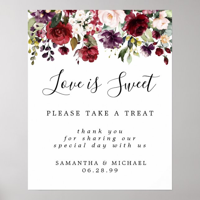 Poster Red Floral Love is Sweet Mariage Dessert Bar Sign (Devant)