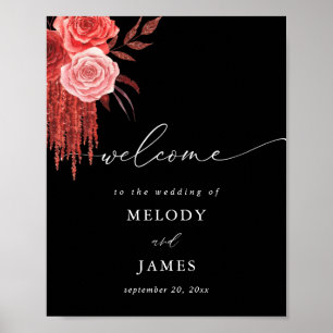 Poster Red Floral Wedding Welcome Sign - Black