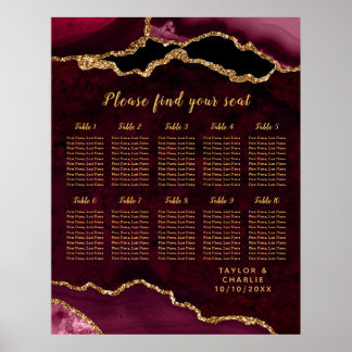 Poster Red Gold Agate Wedding Seating Chart 10 Table
