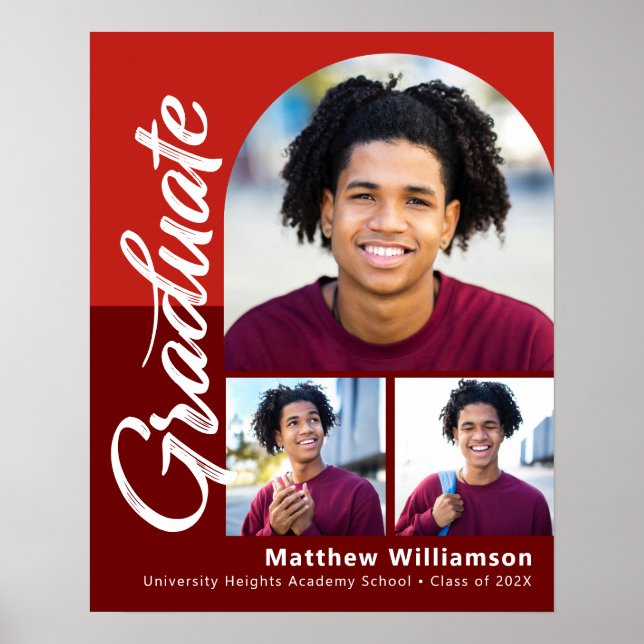 Poster Red Graduation 3 Photo Bold Arch Script Minimalist (Devant)
