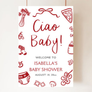 Poster Red Italian Pizza Ciao Baby Baby shower Bienvenue