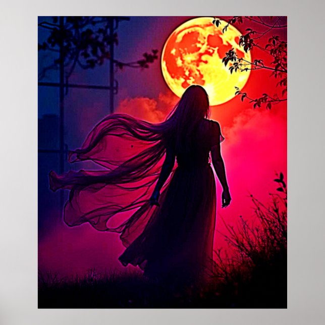Poster Red Moon Shadow Woman Conception de mystère (Devant)