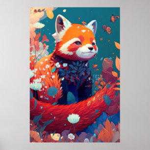 Poster Red Panda Animal Portrait Peinture Forêt faunique