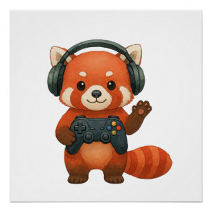 Poster Red Panda Gamer, contrôleur de jeu et casques