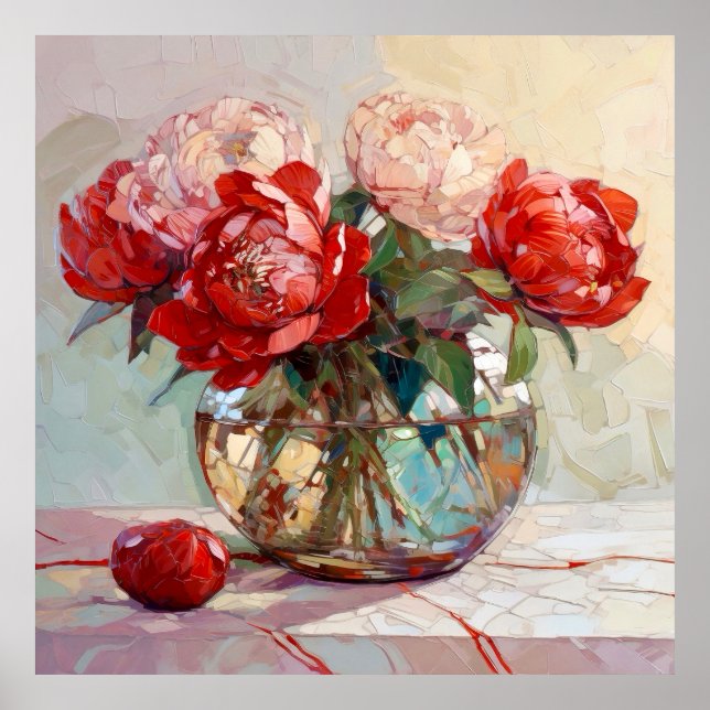 Poster Red Peony Bouquet Painting (Devant)
