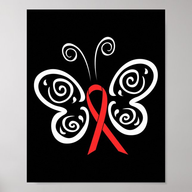 Poster Red Ribbon Butterfly Blood Cancer Hiv Aids Awarene (Devant)