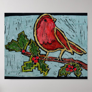 Poster Red Robin de Noël, Green Holly Red Berries