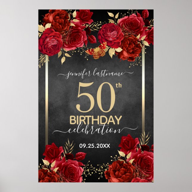 Poster Red roses 50th birthday Large Format  (Devant)