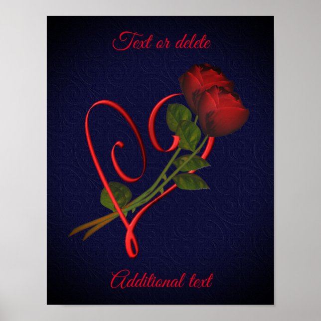 Poster Red Roses Red Heart Elegant Black Ajouter votre te (Devant)