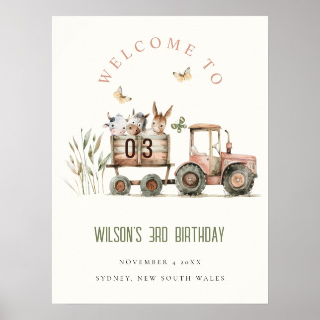 Poster Red Rust Farm Animaux Tracteur Enfant Anniversaire (Devant)