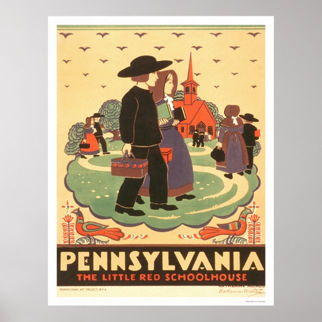 Poster Red Schoolhouse Amish 1938 WPA (Devant)